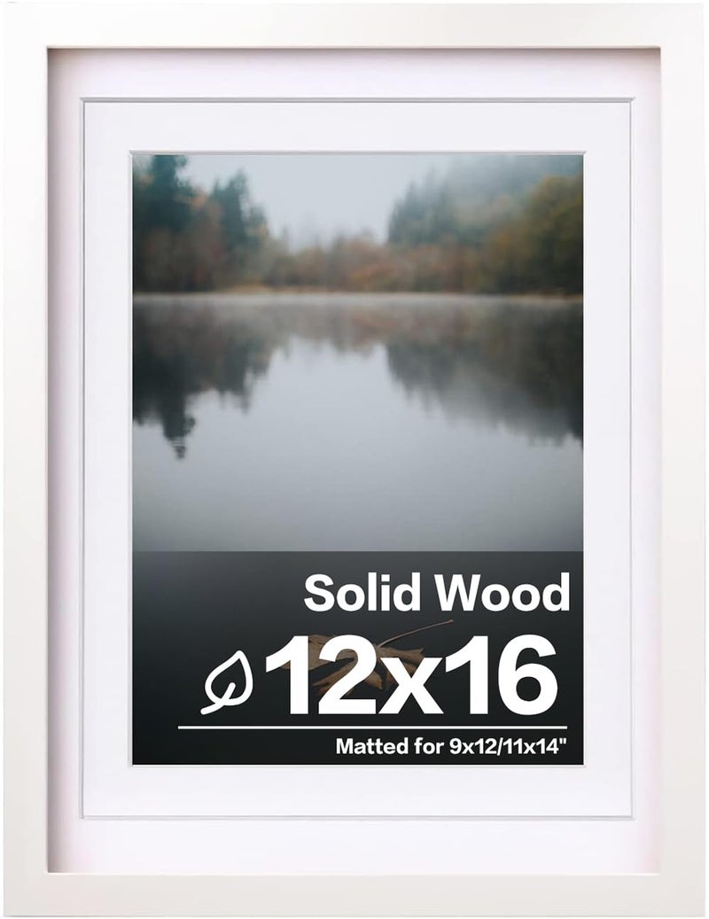 Egofine 12x16 Picture Frame White Covered by Plexiglass Made of Solid Wood, Display Pictures 9x12 and 11x14 with Mat or 12x16 Without Mat for Wall Mounting - Image 1